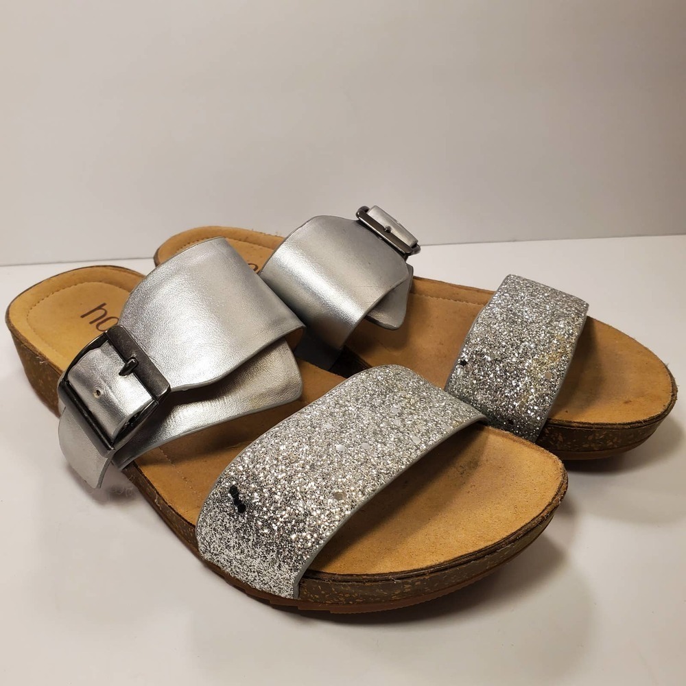 Hotter Ortholite Voyage Silver Glitter Double Strap Slide Sandals Platform, sz 6